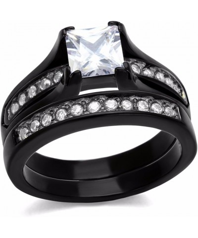 His & Hers 3 PCS Black IP Stainless Steel Princess Cut CZ Engagement Ring Set Mens Matching Band Size Women's 07 Men's 10 $18...