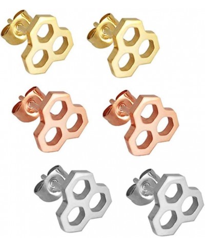 Stainless Steel Tiny Hexagon Honeycomb Bee Hive Post Stud Earrings gold+rose+silver $8.04 Earrings