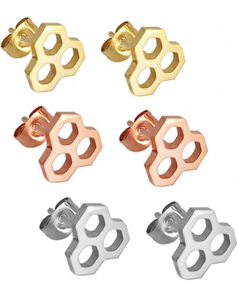 Stainless Steel Tiny Hexagon Honeycomb Bee Hive Post Stud Earrings gold+rose+silver $8.04 Earrings