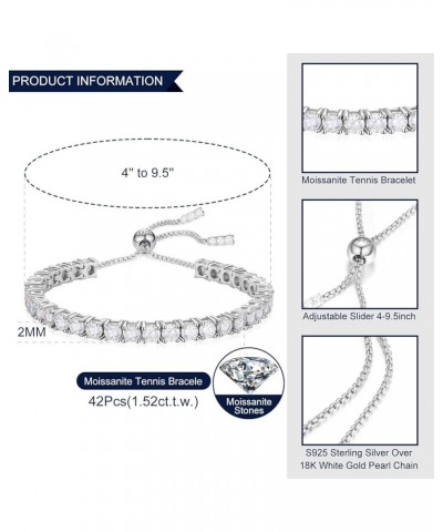 Moissanite Tennis Bracelet, 1.52ct-7.76ct Diamond Bracelet 18K White Gold Plated 925 Sterling Silver Adjustable Bracelet D Co...