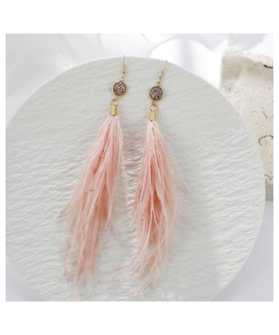 Long Feather Earrings for Women, Bohemian Elegant Delicate Faux Druzy Charms Dangle Earrings Nude Pink $9.17 Earrings