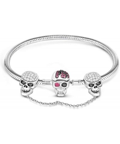 Skull Charm Bracelet with Safety Chain Sterling Silver Snake Chain Basic Charm Bangle with Skull Clasp 21.0 Centimeters $45.3...