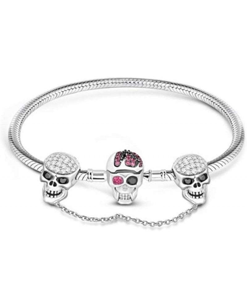 Skull Charm Bracelet with Safety Chain Sterling Silver Snake Chain Basic Charm Bangle with Skull Clasp 21.0 Centimeters $45.3...