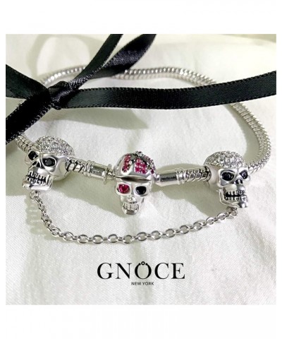 Skull Charm Bracelet with Safety Chain Sterling Silver Snake Chain Basic Charm Bangle with Skull Clasp 21.0 Centimeters $45.3...