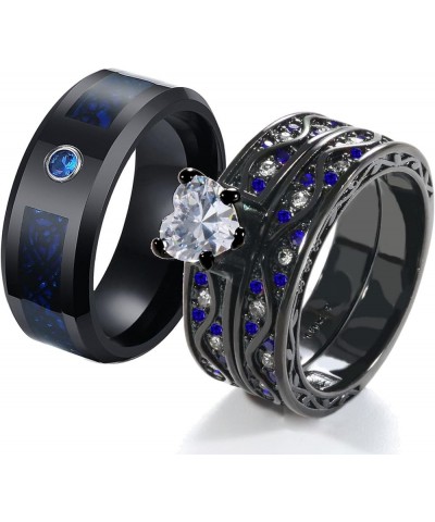 Couple Rings Black and Red Matching Rings His and Her Rings Heart CZ Women Wedding Ring Sets Titanium Men Wedding Bands Blue ...