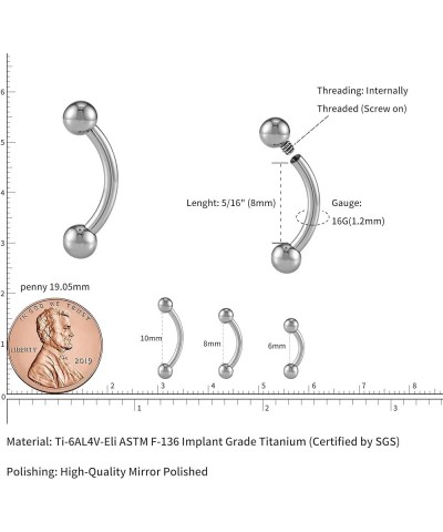 1 Pair Curved Barbell Body Jewelry 16g 6mm 8mm 10mm - ASTM F136 Titanium Rook, Eyebrow, Vertical Labret Lip Piercing Titanium...