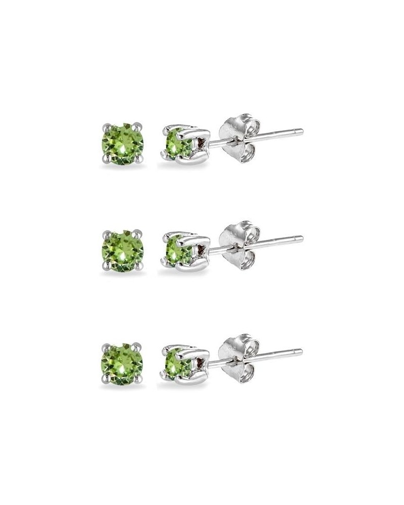 3-Pair Set Sterling Silver 4mm Round Colored Crystal Stud Earrings Set Made with European Crystals August - Light Green $10.0...