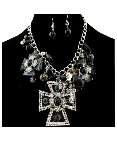 Western Large Cross Pendant with Charms Necklace with Pearl Earrings Black2 $18.19 Jewelry Sets