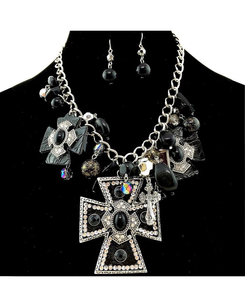 Western Large Cross Pendant with Charms Necklace with Pearl Earrings Black2 $18.19 Jewelry Sets