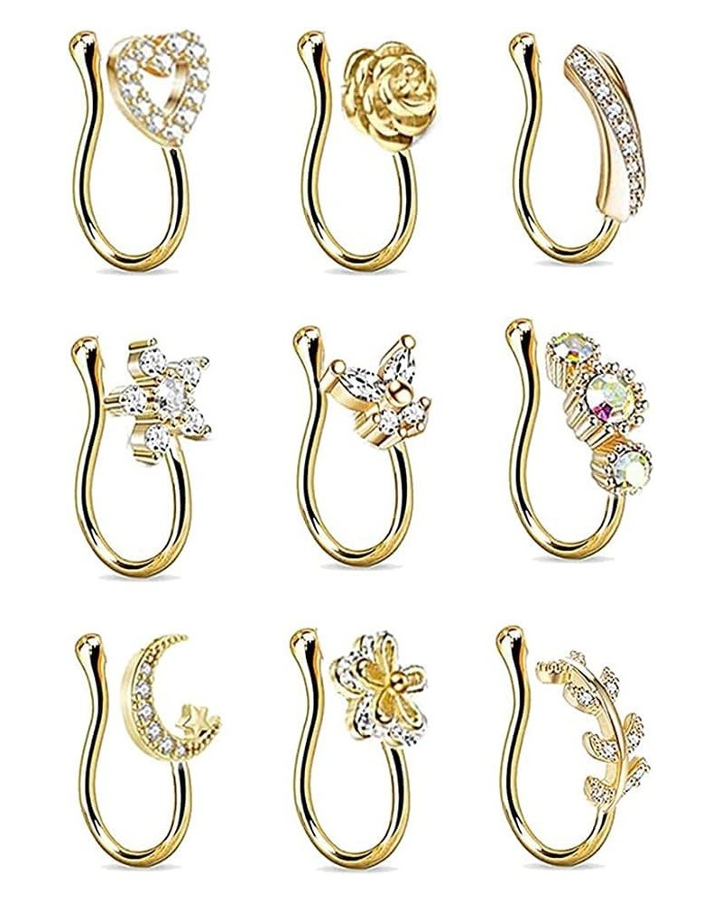 9PCS Fake Nose Rings Hoop, Nose Cuff Lip Ring, No Piercing Hoop, Women Flower Shape Faux Nose Ring, Cartilage Piercing Clip T...