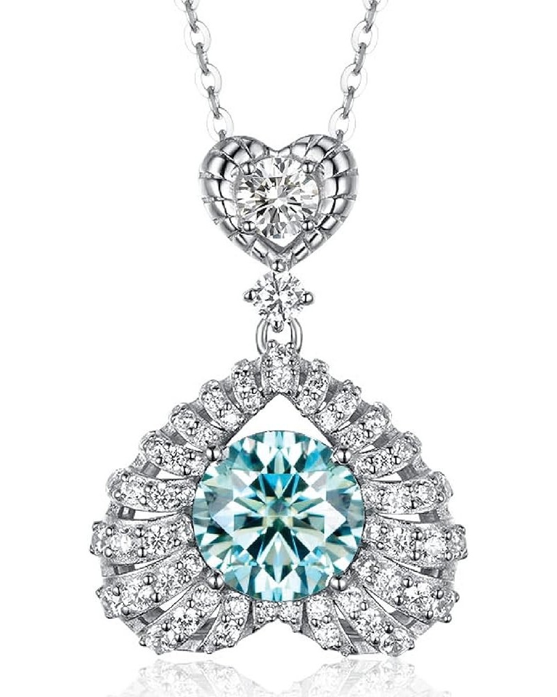 Moissanite Necklace for Women 1CT/2CT D Color Aqua Blue Moissanite Pendant Necklace 18K White Gold Plated Heart Dancing Neckl...