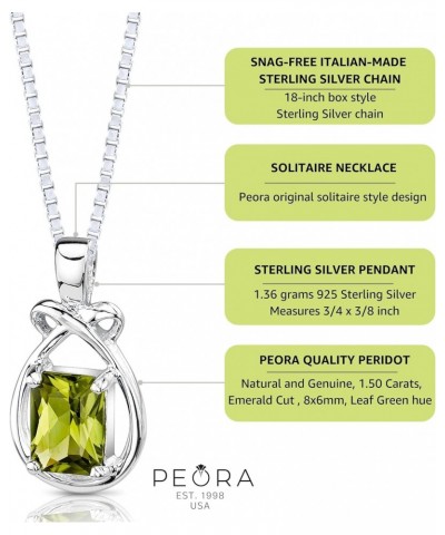 Peridot Pendant Necklace for Women 925 Sterling Silver, Natural Gemstone Birthstone, 1.50 Carats Emerald Cut 8x6mm, with 18 i...