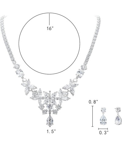 Women's Simulated Pearl Wedding Jewelry Set, Cubic Zirconia Marquise Floral Bridal Necklace Earrings Bracelet Sets Pearl Neck...