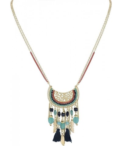 2 Layers Chain Beaded Tassels Charm Pendant Long Statement Necklace for Women (N0012) N0012-Blue $8.99 Necklaces