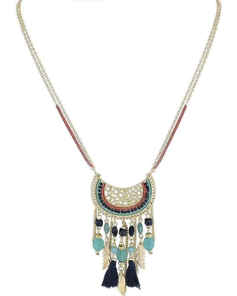 2 Layers Chain Beaded Tassels Charm Pendant Long Statement Necklace for Women (N0012) N0012-Blue $8.99 Necklaces