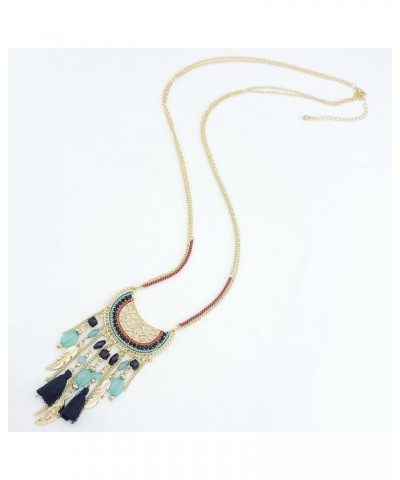 2 Layers Chain Beaded Tassels Charm Pendant Long Statement Necklace for Women (N0012) N0012-Blue $8.99 Necklaces