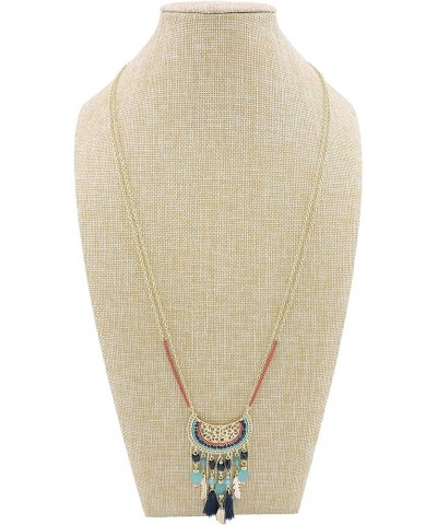 2 Layers Chain Beaded Tassels Charm Pendant Long Statement Necklace for Women (N0012) N0012-Blue $8.99 Necklaces