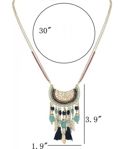 2 Layers Chain Beaded Tassels Charm Pendant Long Statement Necklace for Women (N0012) N0012-Blue $8.99 Necklaces