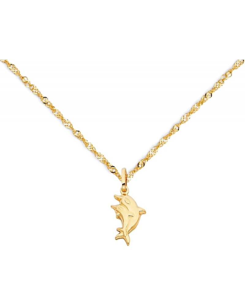 14K Yellow Gold 0.9mm Singapore Chain Necklace with Yellow Gold Dolphin Pendant for Men's and Women's | 14k Gold Unisex Chain...