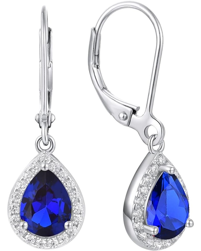 Women's Dangle Drop Earrings 925 Sterling Silver Solitaire Leverback Earrings Halo Teardrop Gemstones Jewelry 09-sapphire-Sep...