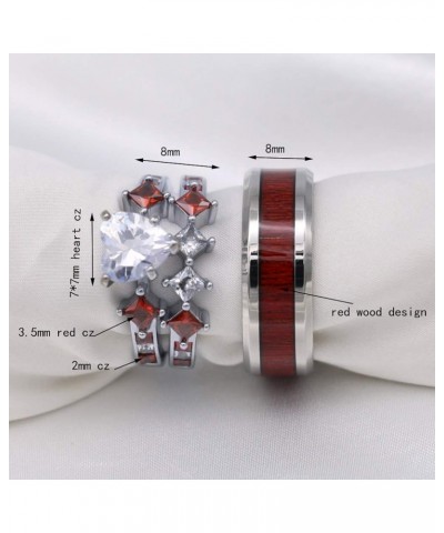 Couple Rings White Gold Filled Heart cut Blue Cz Womens Wedding Ring Sets Stainless Steel Men Wedding Band Red Men size10 $11...