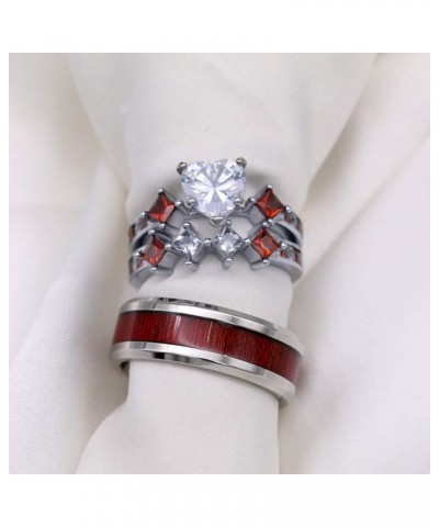 Couple Rings White Gold Filled Heart cut Blue Cz Womens Wedding Ring Sets Stainless Steel Men Wedding Band Red Men size10 $11...