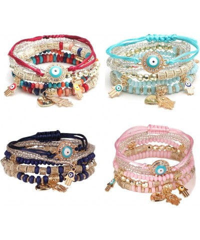 4/2 Sets Bohemian Stretch Beads Bracelets Multilayer Evil Eye Hamsa Hand Bracelet Boho Charms Stackable Bracelet Handmade Mul...