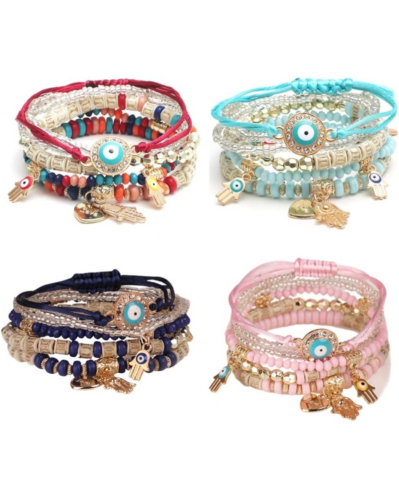 4/2 Sets Bohemian Stretch Beads Bracelets Multilayer Evil Eye Hamsa Hand Bracelet Boho Charms Stackable Bracelet Handmade Mul...