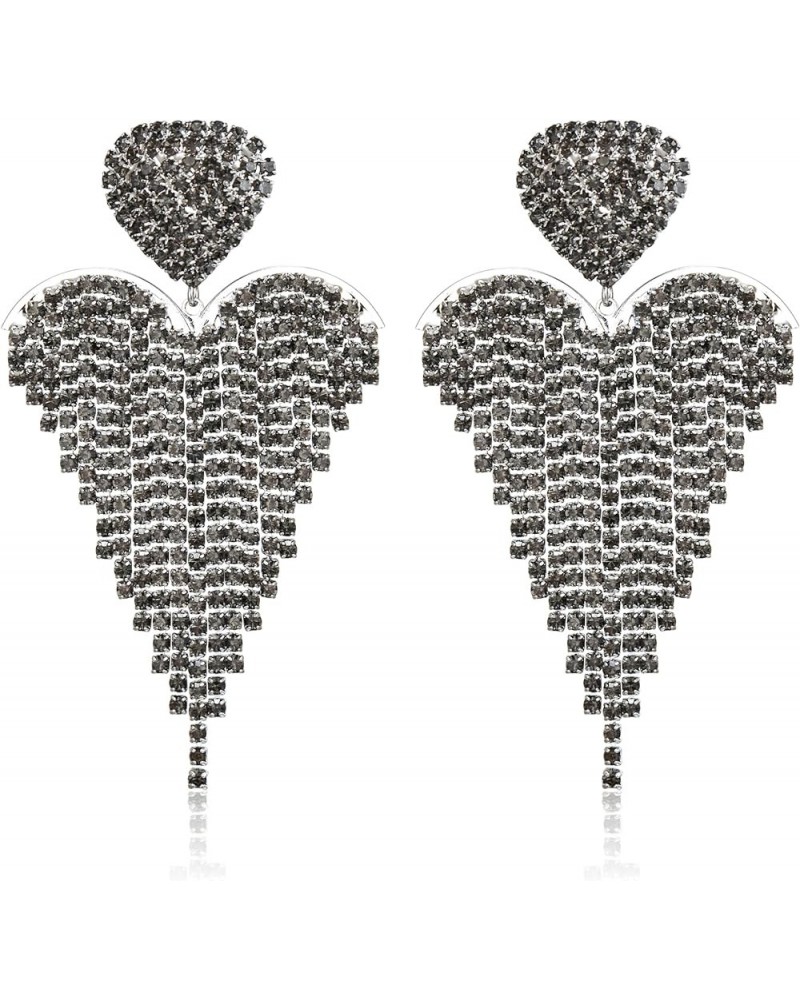 Women's Wedding Bridal Crystal Beaded Tassel Fringe Chandelier Dangle Earrings Heart-Grey Silver-Tone $10.50 Earrings