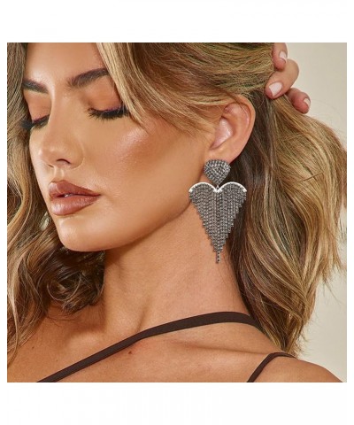 Women's Wedding Bridal Crystal Beaded Tassel Fringe Chandelier Dangle Earrings Heart-Grey Silver-Tone $10.50 Earrings