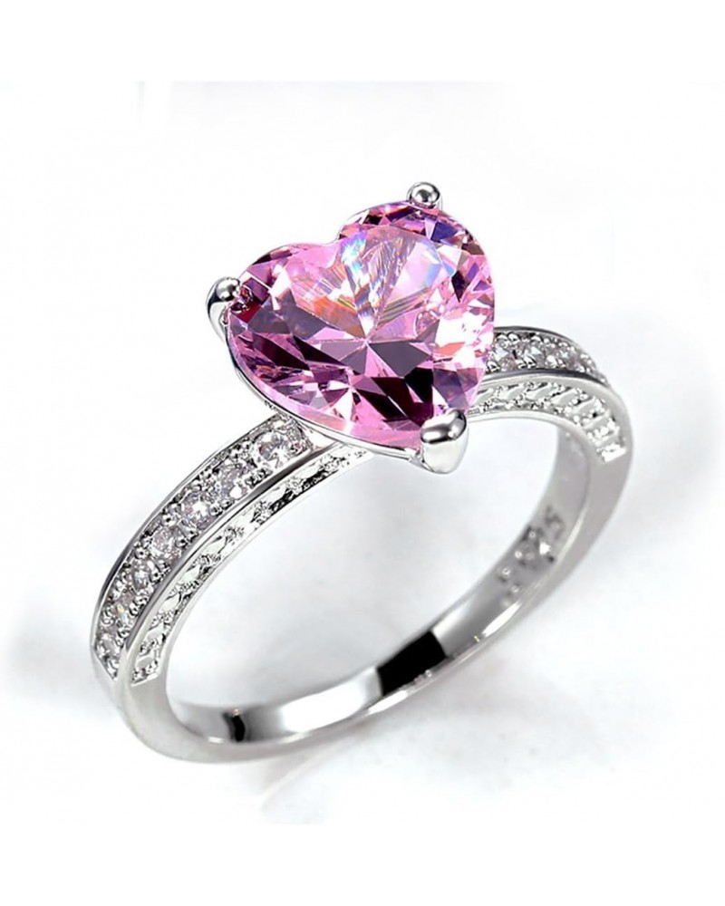 Pink Heart Ring Cubic Zirconia Ring Crystal Heart Ring Heart Promise Ring Wedding Band Ring Silver Engagement Ring Promise St...