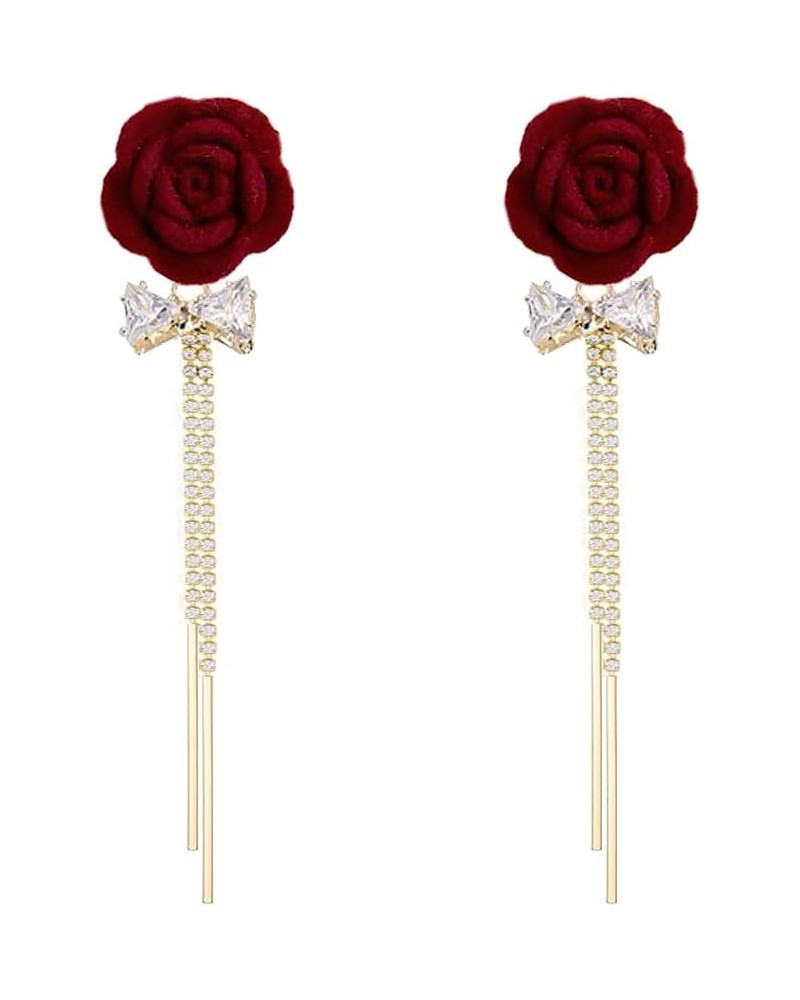 Vintage Velvet Flower Dangle Earrings for Women Girls Gold Plated Handmade Red Rose Butterfly Long Chain Drop Dangle Stud Ear...