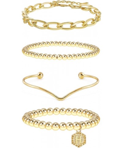 14K Gold Stackable Bead Bracelet Plated Chunky Stretch Bracelets for Women Gift with Initial Hexagon Pendant H $9.89 Bracelets