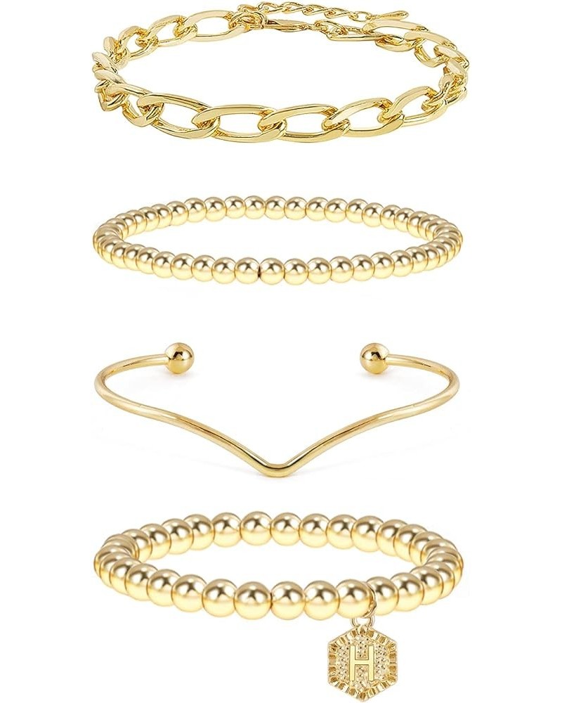 14K Gold Stackable Bead Bracelet Plated Chunky Stretch Bracelets for Women Gift with Initial Hexagon Pendant H $9.89 Bracelets