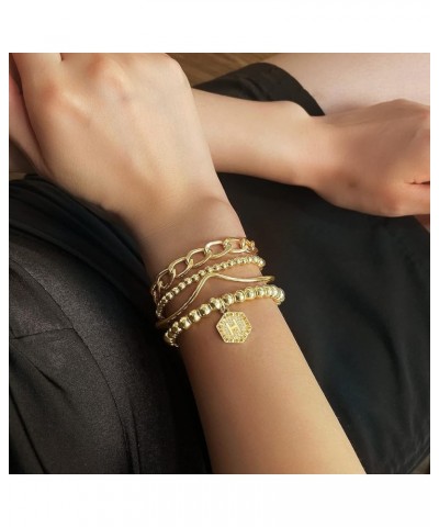 14K Gold Stackable Bead Bracelet Plated Chunky Stretch Bracelets for Women Gift with Initial Hexagon Pendant H $9.89 Bracelets