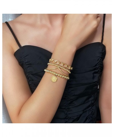 14K Gold Stackable Bead Bracelet Plated Chunky Stretch Bracelets for Women Gift with Initial Hexagon Pendant H $9.89 Bracelets