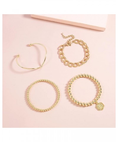 14K Gold Stackable Bead Bracelet Plated Chunky Stretch Bracelets for Women Gift with Initial Hexagon Pendant H $9.89 Bracelets