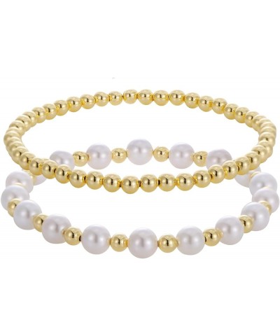 Gold Pearl Beaded Bracelets for Women Stackable Baroque Cultured Bracelets 14K Gold Plated Stretch Bead Ball Elastic Bracelet...