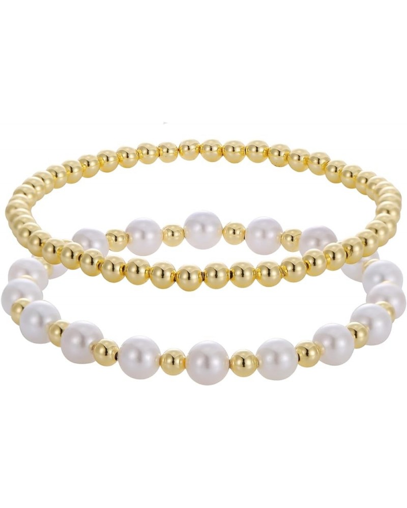 Gold Pearl Beaded Bracelets for Women Stackable Baroque Cultured Bracelets 14K Gold Plated Stretch Bead Ball Elastic Bracelet...