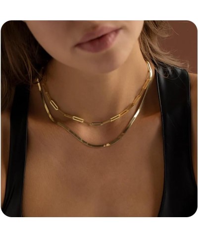 14k Gold Plated Herringbone Necklace for Women Dainty Gold Paperclip Chain Necklace Layering Choker Necklaces for Women Simpl...