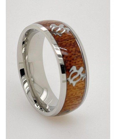 Beautiful Hawaiian Ocean Sea Turtle With Natural Koa Wood Silver Stainless Steel Ring 8mm Band men and Women Size 6-13 $11.34...