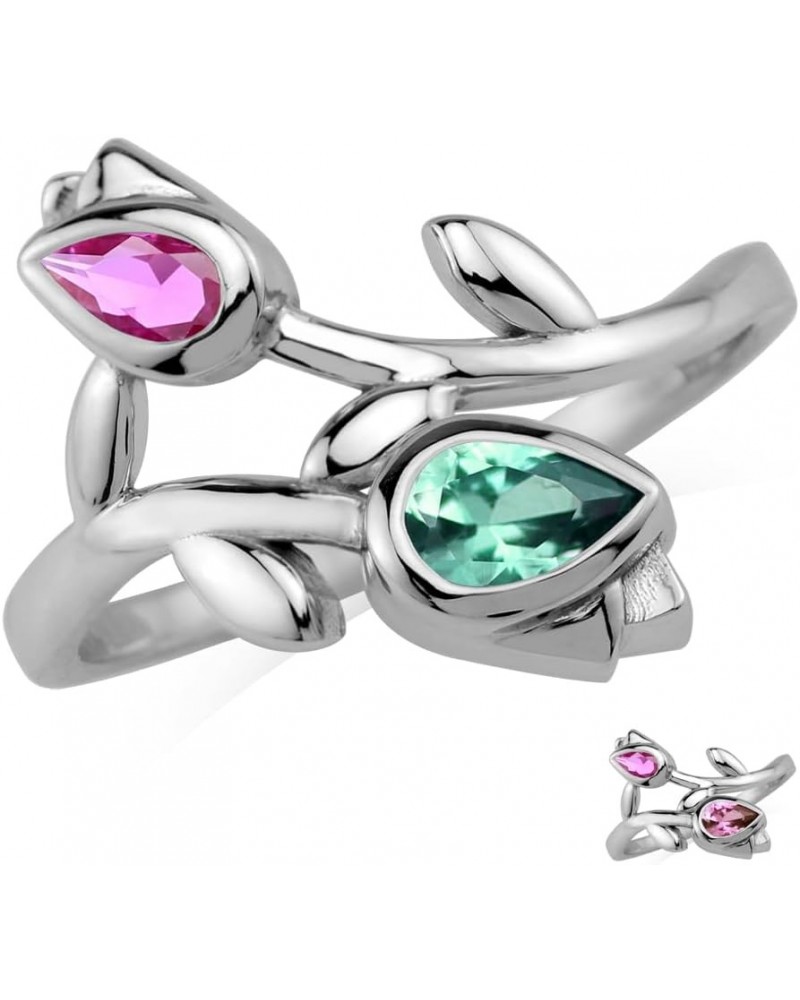 Genuine Gemstones 925 Sterling Silver Tulip Flower Wedding Party Right Hand Ring Jewelry for Women Created Alexandrite & Pink...