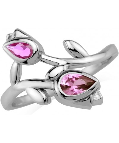 Genuine Gemstones 925 Sterling Silver Tulip Flower Wedding Party Right Hand Ring Jewelry for Women Created Alexandrite & Pink...