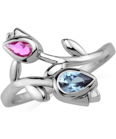 Genuine Gemstones 925 Sterling Silver Tulip Flower Wedding Party Right Hand Ring Jewelry for Women Created Alexandrite & Pink...