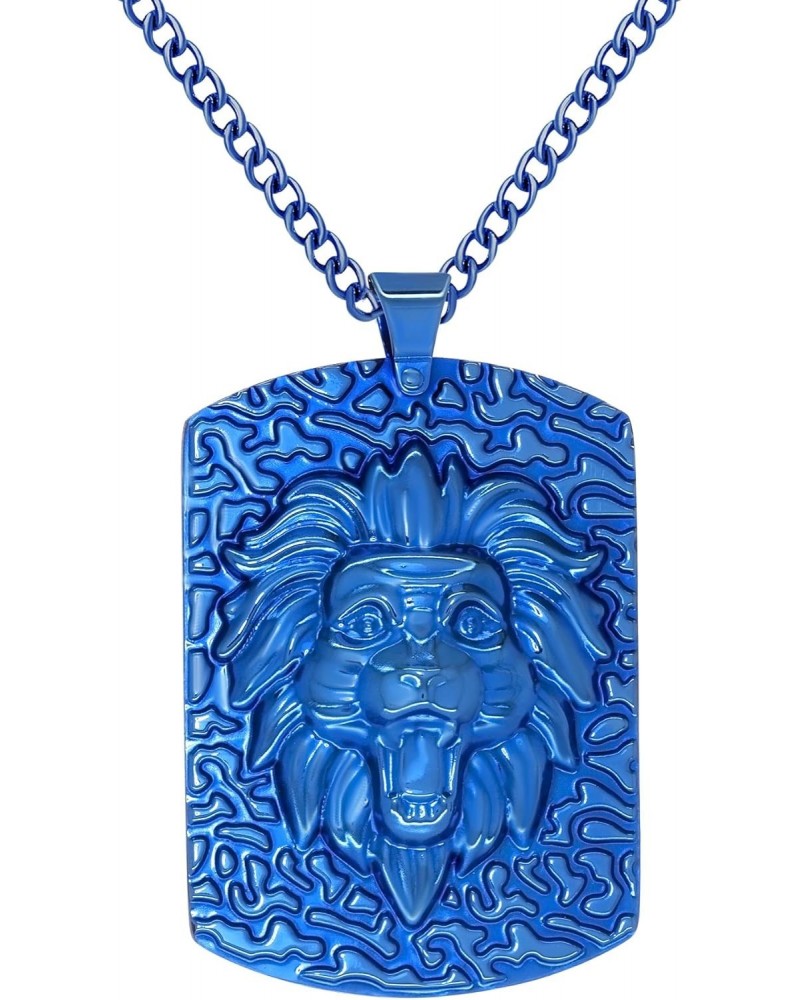 Stainless Steel Blue IP-Plated-Tone Lion Head Leo Dog Tag Pendant Necklace, 24" Chain $17.04 Necklaces