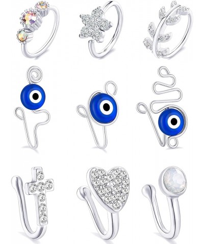 9Pcs African Fake Nose Rings Hoop Clip on Faux Evil Eye Inlaid CZ Cross Heart Star Nose Cuff Cartilage Tragus Ear Ring Non Pi...