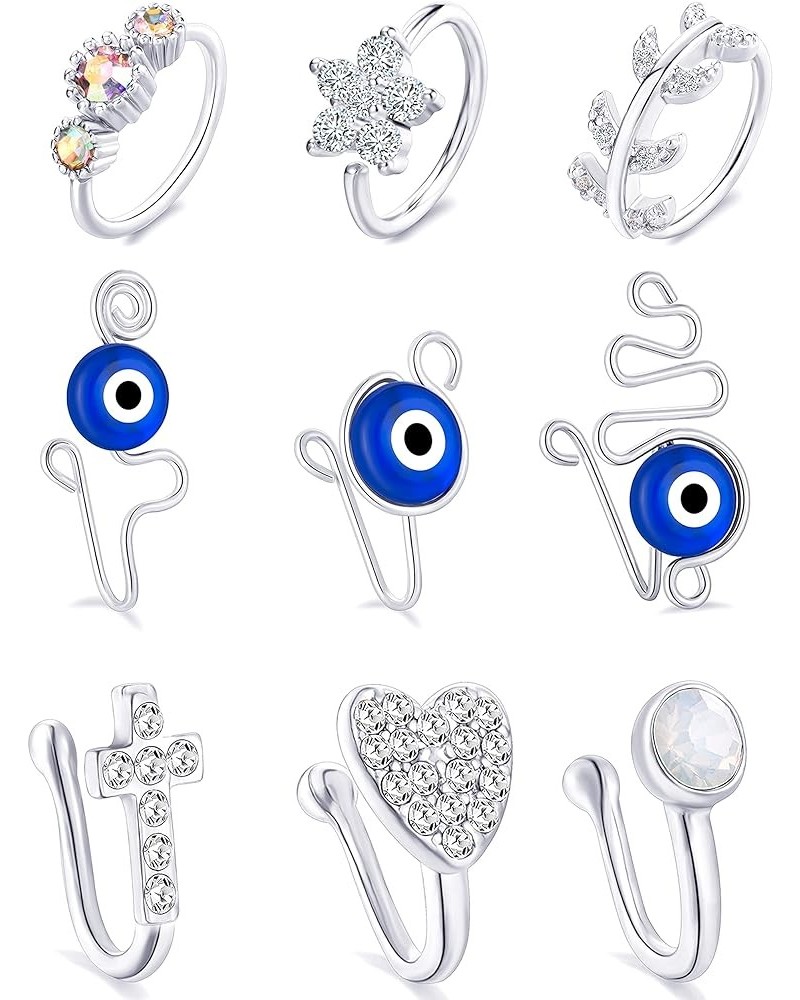 9Pcs African Fake Nose Rings Hoop Clip on Faux Evil Eye Inlaid CZ Cross Heart Star Nose Cuff Cartilage Tragus Ear Ring Non Pi...