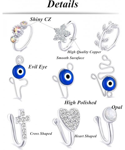 9Pcs African Fake Nose Rings Hoop Clip on Faux Evil Eye Inlaid CZ Cross Heart Star Nose Cuff Cartilage Tragus Ear Ring Non Pi...