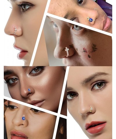 9Pcs African Fake Nose Rings Hoop Clip on Faux Evil Eye Inlaid CZ Cross Heart Star Nose Cuff Cartilage Tragus Ear Ring Non Pi...