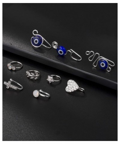 9Pcs African Fake Nose Rings Hoop Clip on Faux Evil Eye Inlaid CZ Cross Heart Star Nose Cuff Cartilage Tragus Ear Ring Non Pi...